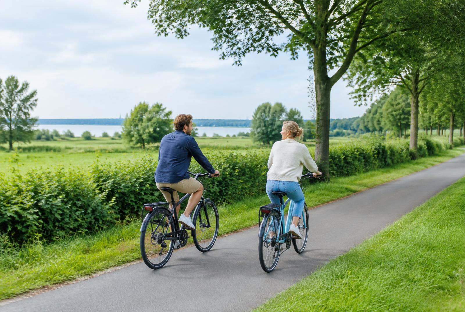 Zwei Personen fahren mit dem Fahrrad durch das grüne Ammerland